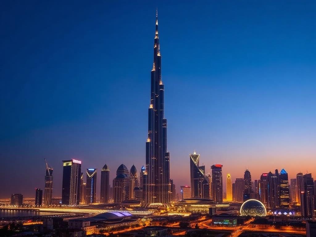 Dubai skyline at dusk with the Burj Khalifa