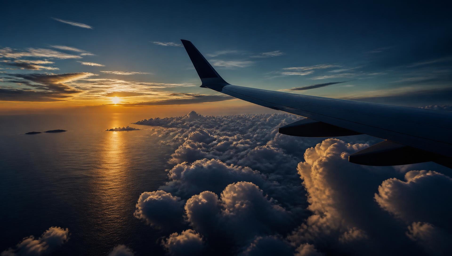 Aircraft wing above golden clouds at sunset