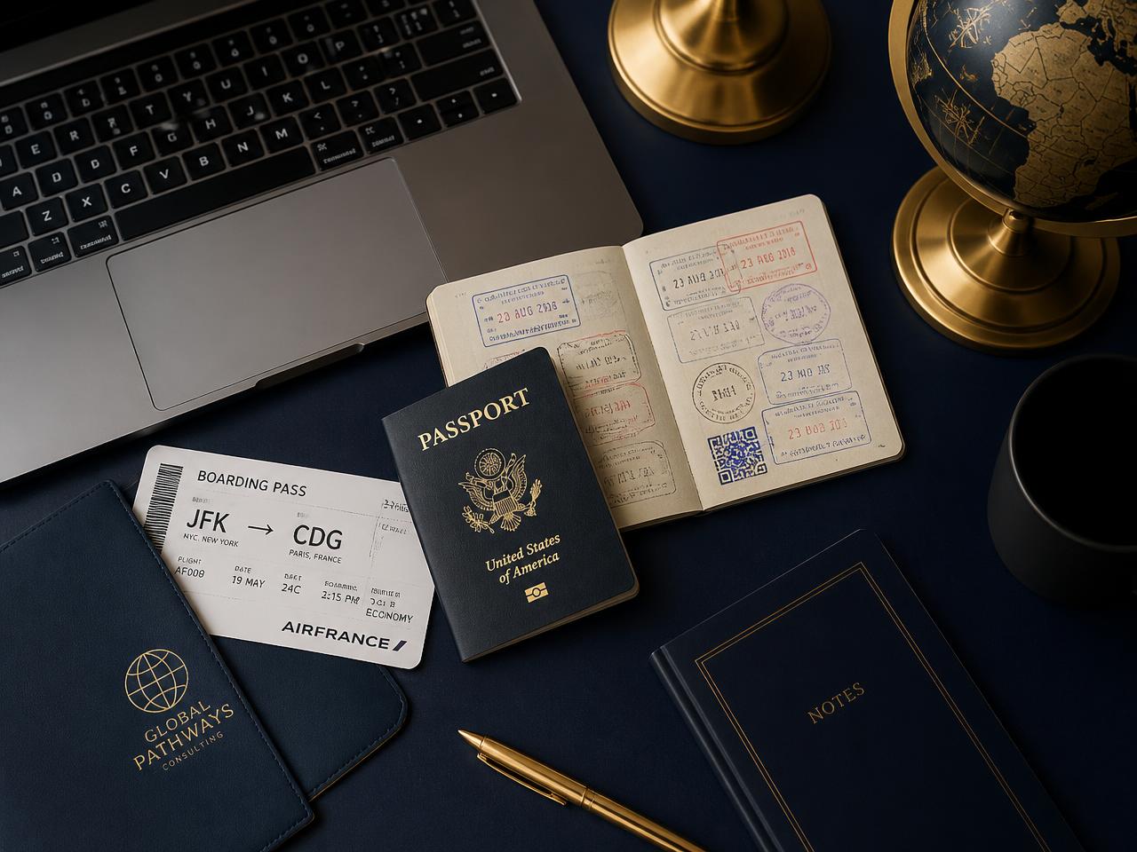 Passport, boarding pass and travel documents prepared on a consultant's desk
